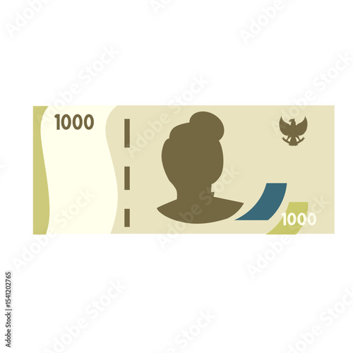 Flat illustration of a 1000 rupiah Indonesian banknote featuring a portrait and national emblem. Simple, modern design, perfect for financial or economic topics.