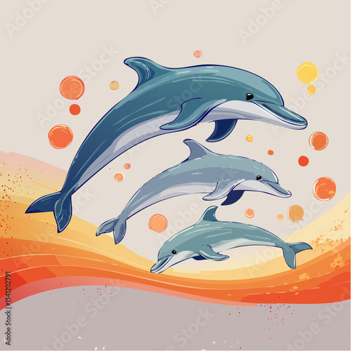 A retro vector poster of dolphins jumping against a graphic backdrop, with three-tone colors and pop accents.