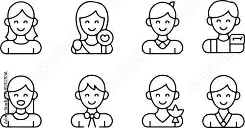 Collection of eight different outline style avatar icons showing smiling people with various accessories