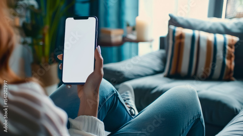 Woman sitting on couch holding a white smartphone with a blank screen in a well-lit cozy living room.