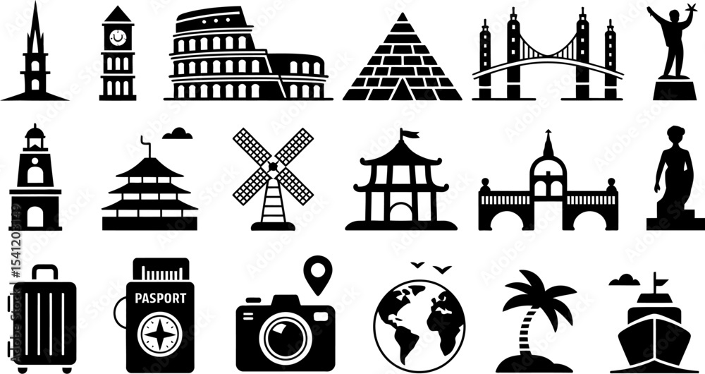 Naklejka premium Travel destinations and landmarks vector icons set world tourism and vacation adventure concept design 100 editable stock vector illustration