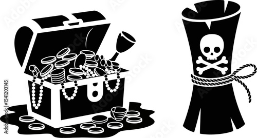 Treasure chest with gold coins and pirate map vector illustration for adventure and fantasy themes editable stock vector illustration