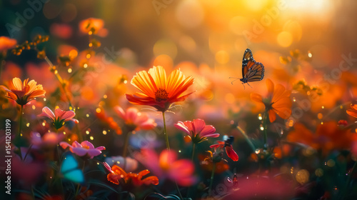 Monarch butterfly resting on an orange flower in a colorful wildflower field during golden hour.