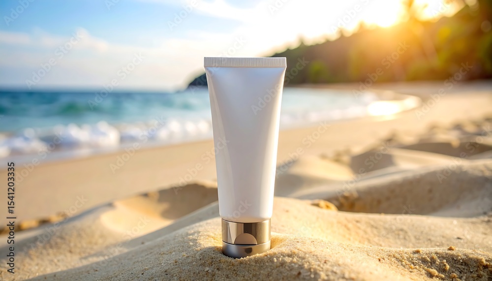 White Cosmetic Tube on Sandy Beach Summer Skincare and Sun Protection White Cosmetic Tube on Sandy Beach Summer Skincare and Sun Protection