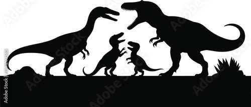 Dinosaur Family Silhouette Vector Illustration with T-Rex and Baby Dinosaurs on White Background .