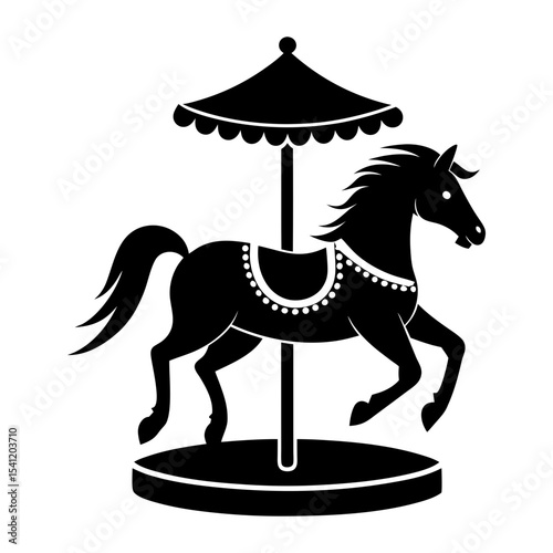 Carousel horse silhouette. This image shows a black silhouette of a carousel horse, also known as a merry-go-round horse or amusement ride horse. Vector clipart black illustration design