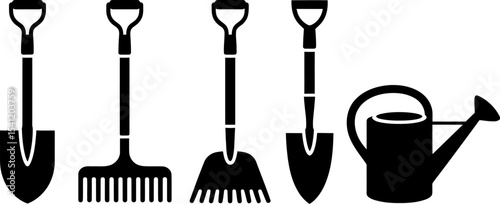 Garden tools vector illustration shovel rake watering can gardening equipment isolated on white background editable stock vector illustration