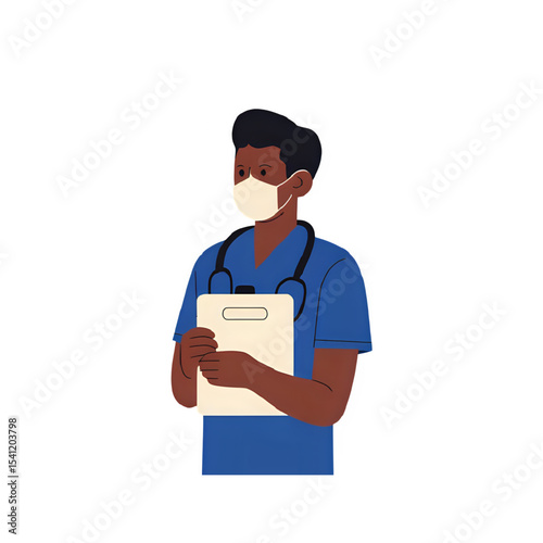 Black Male Nurse in Mask Holding Clipboard