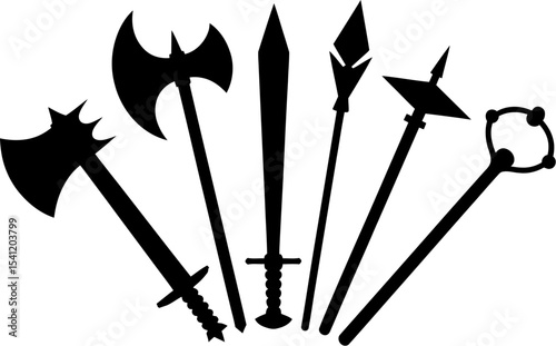 Black and white medieval weapons silhouette collection for games and fantasy illustrations design 100 editable stock vector illustration