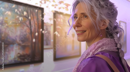 Elegant senior woman smiling while visiting an art gallery, surrounded by soft lighting and framed artwork.