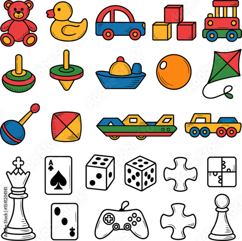 Colorful vector illustration of various toys for kids games and childhood fun and educational playthings editable stock vector illustration