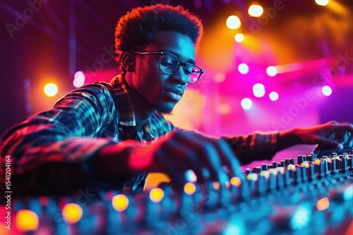 A young man in glasses works on a sound mixing console. He is surrounded by lights and equipment. He likes audio engineering.