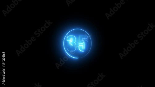 Glowing sign on black background Neon number. Glowing blue neon countdown timer number animation 4k.Electric neon number 35 with circular outline. Radiant visual for artistic projects, digital 