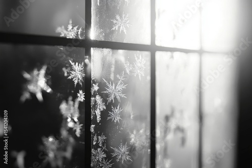 minimalist depiction of a frosted windowpane with snowflakes delicately clinging to the glass, Generative AI