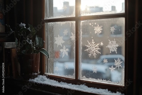 minimalist depiction of a frosted windowpane with snowflakes delicately clinging to the glass, Generative AI