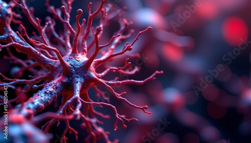 abstract close up neural system illustration on the left side, with vibrant crimson tones, clear copy space on the right for photo use.