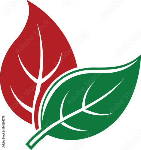Two stylized leaves in red and green showing transparency on a white background