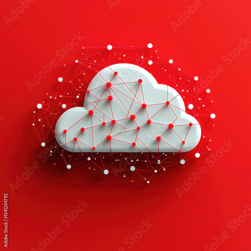Minimalist cloud computing network icon with connections on vibrant red background