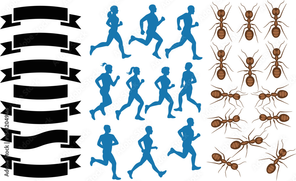Naklejka premium Banners running marathon fitness race ants insects silhouettes vector graphic design elements art illustration editable stock vector illustration