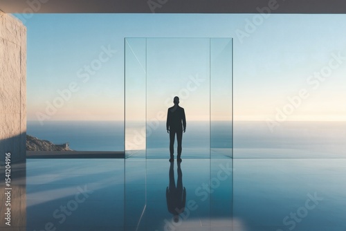Person stands silhouetted against ocean view through glassy architectural feature, reflecting on shiny floor.