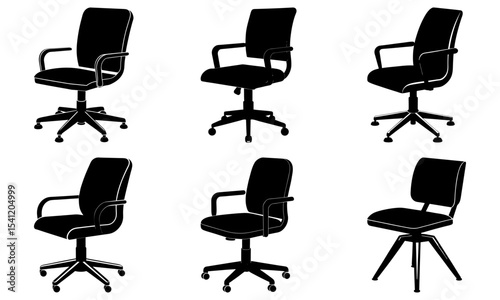 A collection of six black office chairs with varying designs and base styles displayed on a white background