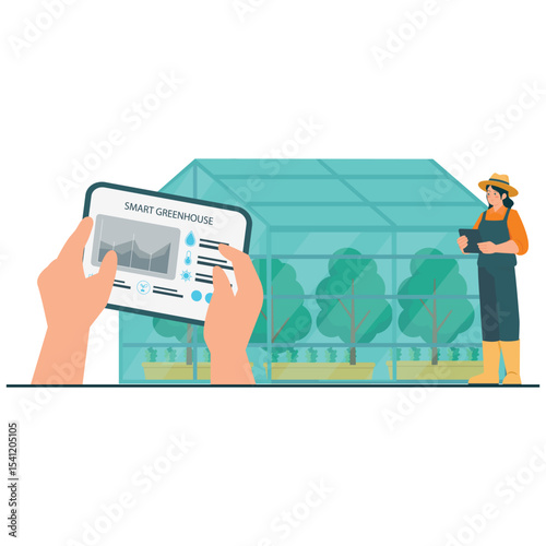 Agrotechnology Illustration. Vector illustration of Farmers manage greenhouse conditions remotely using smart devices to monitor lighting, humidity, and irrigation. Isolated on background