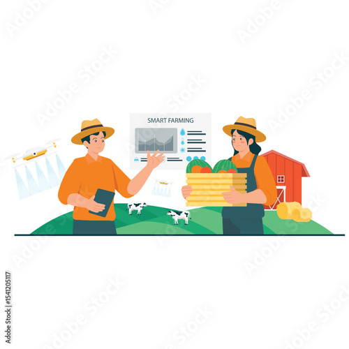 Agrotechnology Illustration. Vector illustration of An integrated smart farming system features drones, livestock, and crop data to optimize agricultural operations. Isolated on background
