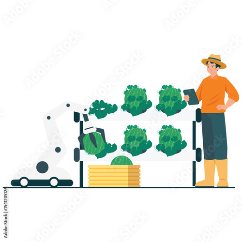 Agrotechnology Illustration. Vector illustration of A robotic arm helps a farmer harvest crops efficiently using automated technology in a smart farming environment. Isolated on background