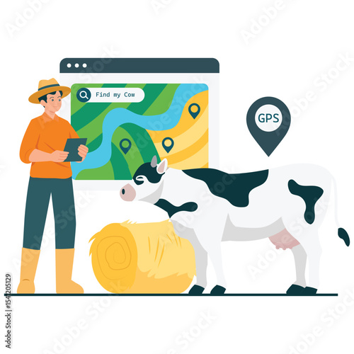 Agrotechnology Illustration. Vector illustration of A farmer uses GPS technology to track livestock location in real time via a digital map and tablet. Isolated on background