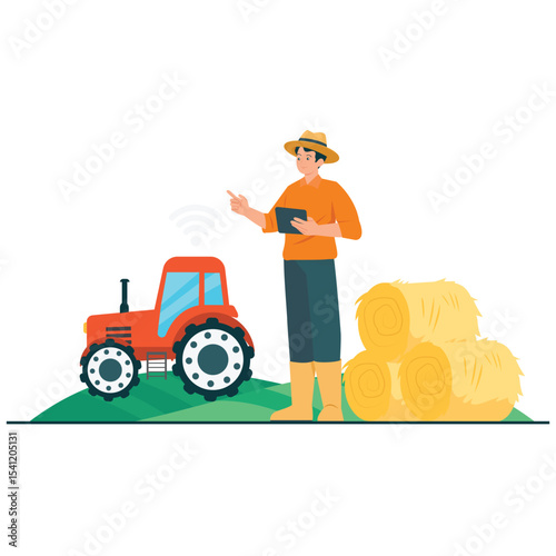 Agrotechnology Illustration. Vector illustration of A smart tractor is wirelessly controlled by a farmer through a tablet, enhancing automation and field efficiency. Isolated on background