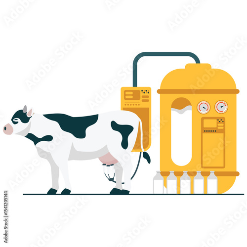 Agrotechnology Illustration. Vector illustration of A smart milking machine automates the process of milking cows and collecting dairy for improved efficiency. Isolated on background