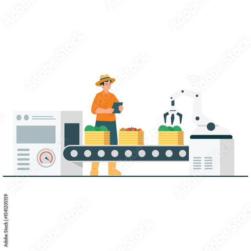 Agrotechnology Illustration. Vector illustration of A robotic arm automates the sorting and packaging of crops on a conveyor system in a modern farm facility. Isolated on background