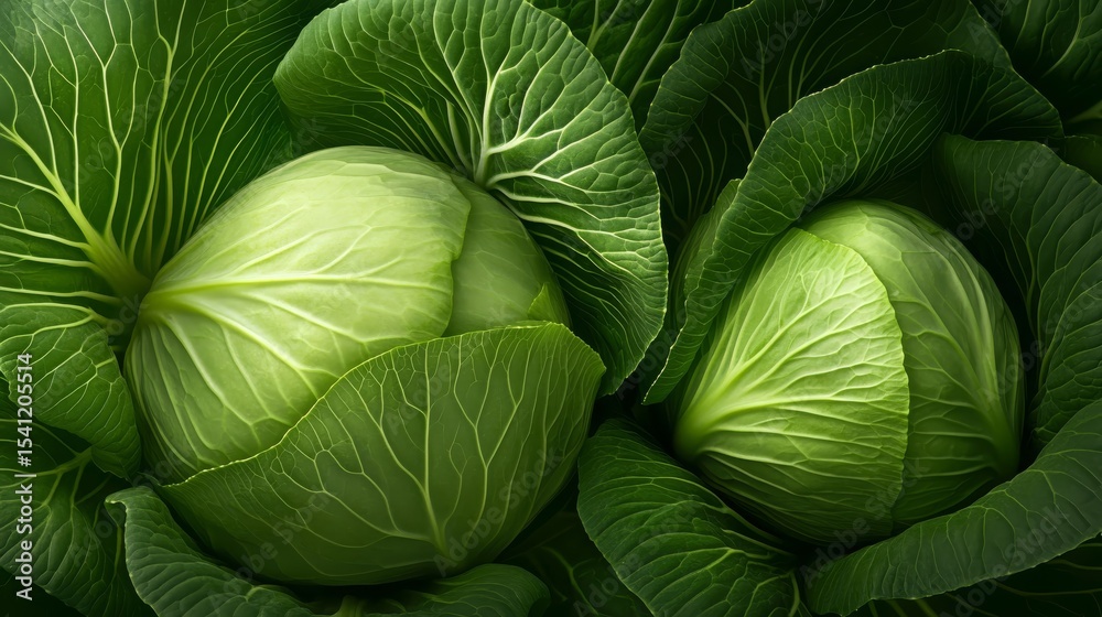 Fototapeta premium Fresh Green Cabbages Close Up Detailed View of Two Organic Heads