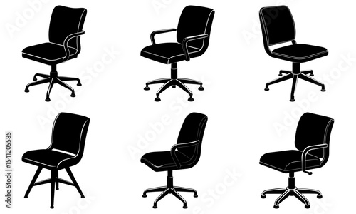 A collection of six black office chairs with varying designs and base styles in a structured arrangement