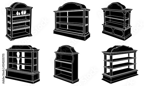 Collection of six black and white antique display cabinets with multiple shelves and decorative tops