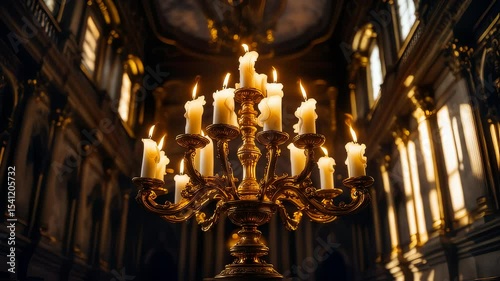Golden Candelabra Rapidly Rotating in Opulent Hall