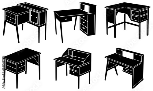 Illustration of six different styles of desks with drawers and storage in a black and white design