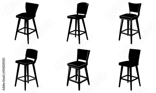 Silhouette illustration showcasing six different bar stools with varying backrest designs and seat styles