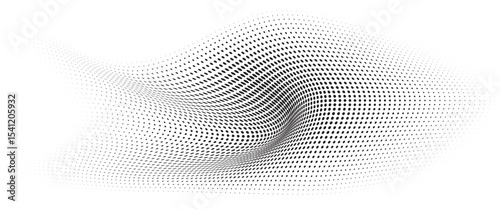 Flowing Wave Dot Halftone Pattern: Curve Gradient Shape on Transparent Background. Suitable for AI, Tech, Network, Digital, Science, and Technology Themes.