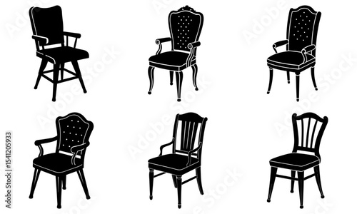 Illustration of six different black chairs with various designs and styles on a white background space