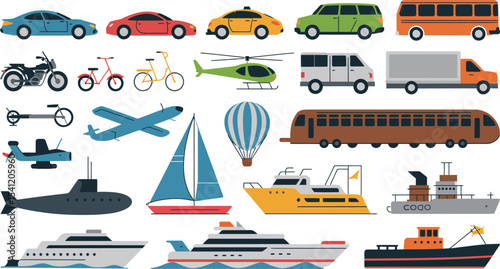 Transportation vehicles vector illustration set car bus truck boat train airplane bike motorcycle 100 editable stock vector illustration