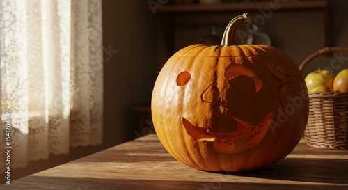 Carved Pumpkin on Wooden Table Next to Window