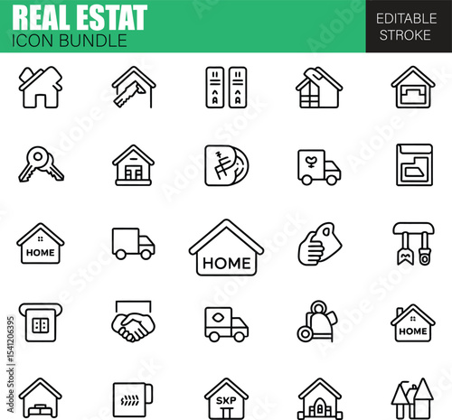 Real Estate Icon Bundle – Flat Vector Icons for Property Listings, Home Sales, Rentals, and Building Management