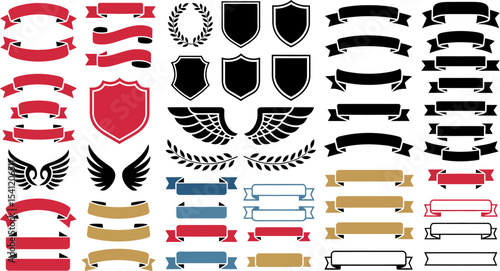 Vector ribbons banners shields laurel wreaths and wings design elements for graphic design projects editable stock vector illustration