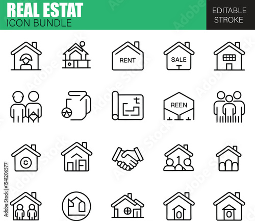 Flat Real Estate Icon Set – Vector Collection for Housing, Apartments, Property Investment, and Urban Development