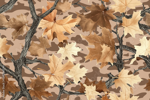 Autumn leaves hunting camouflage design. Seamless pattern using leaves and stems for hunting and military purpose. Vector camo background. Forest jungle texture