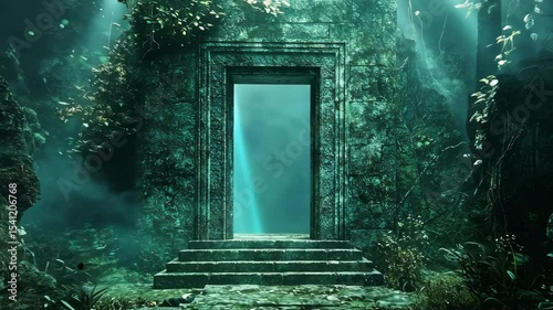 Ancient stone doorway in overgrown, mystical jungle setting, emitting ethereal light