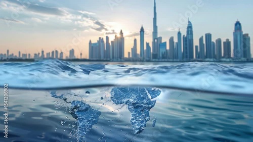 Dubai Skyline with Global Water Crisis, and Ocean.