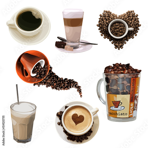 Coffee Collection: Espresso, Latte, Macchiato, Beans, and Heart Latte Art