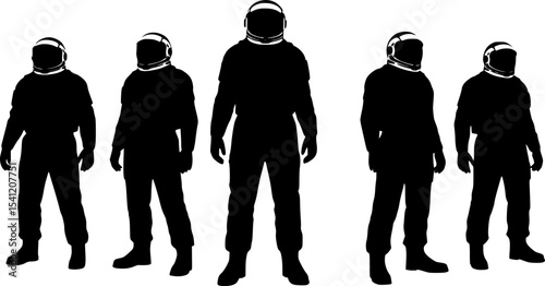 Moon explorers. Set of silhouettes of astronauts in a space suit. Vector illustration isolated on white background. EPS 10 version.